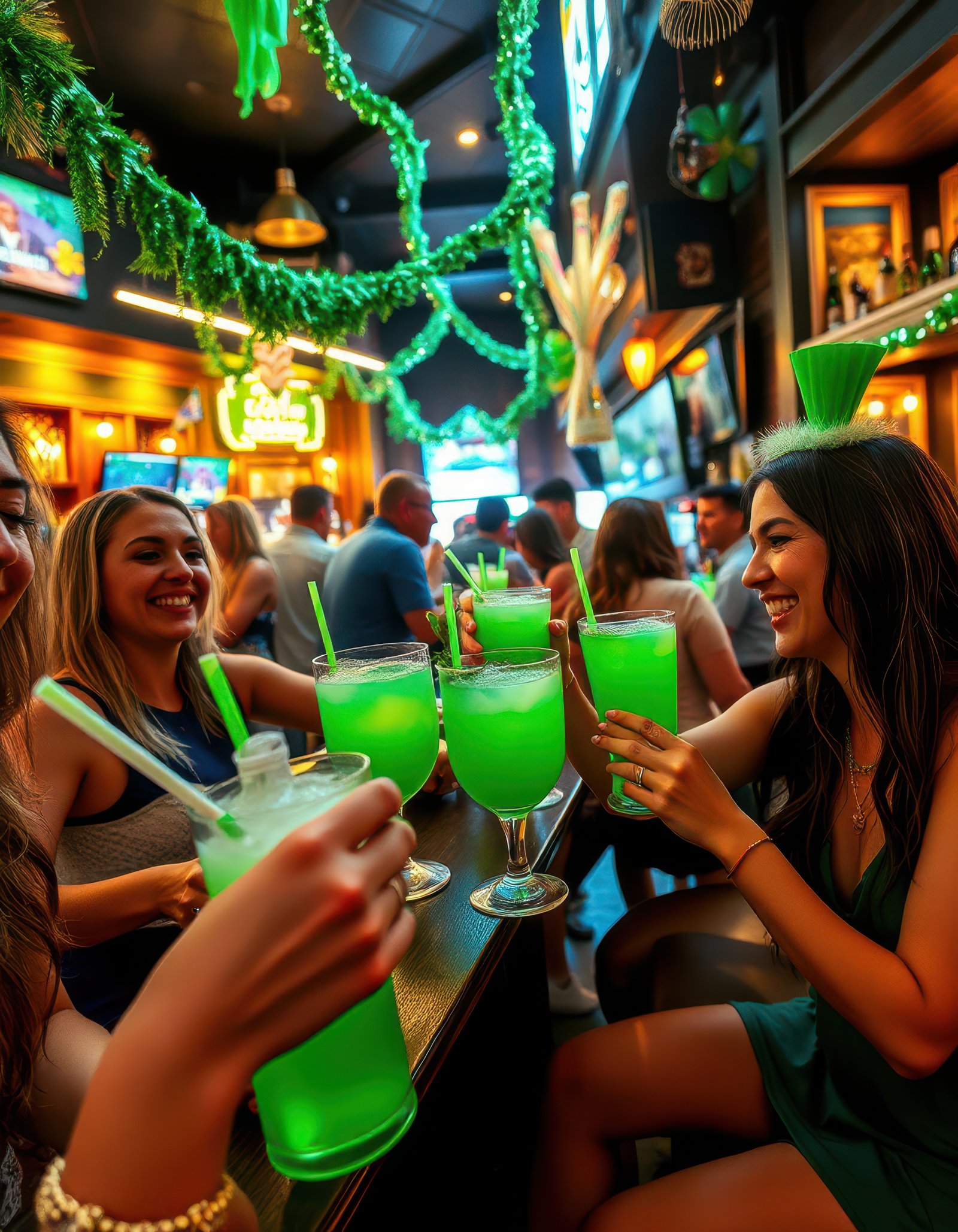 Friends celebrate at a lively bar with green drinks during a festive event in the evening